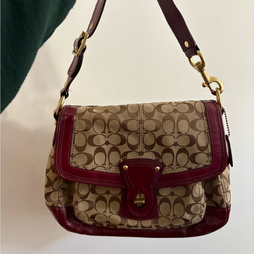 Coach Signature Canvas Saddle Bag in Khaki with Burgundy Trim + Matching Wallet